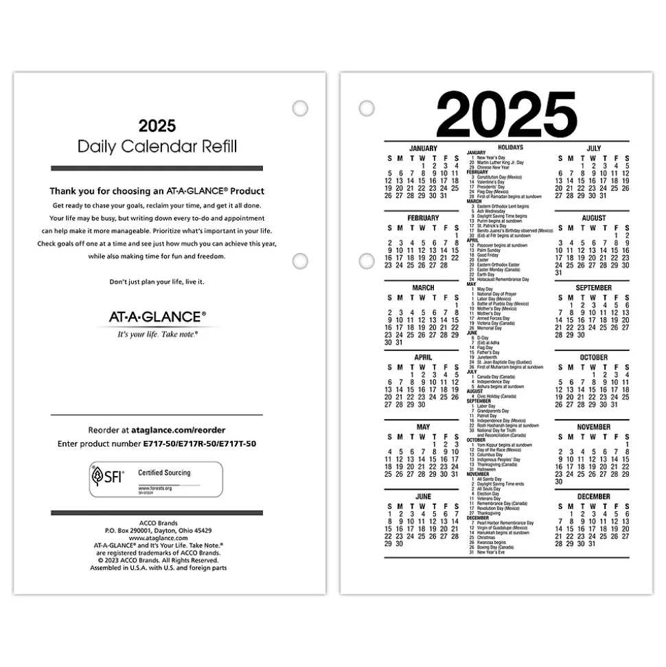 2025 AT-A-GLANCE 6" x 3.5" Daily Calendar Refill Pages, White (E717-50-25)