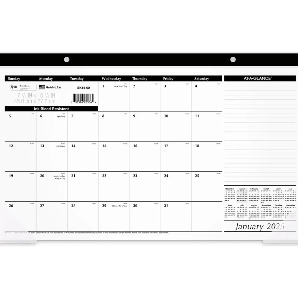 2025 AT-A-GLANCE 17.75" x 11" Monthly Desk Pad Calendar, White/Black (SK14-00-25)