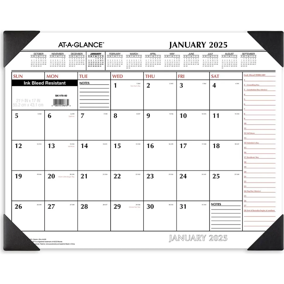 2025 AT-A-GLANCE 21.75" x 17" Monthly Desk Pad Calendar, White/Black (SK1170-00-25)