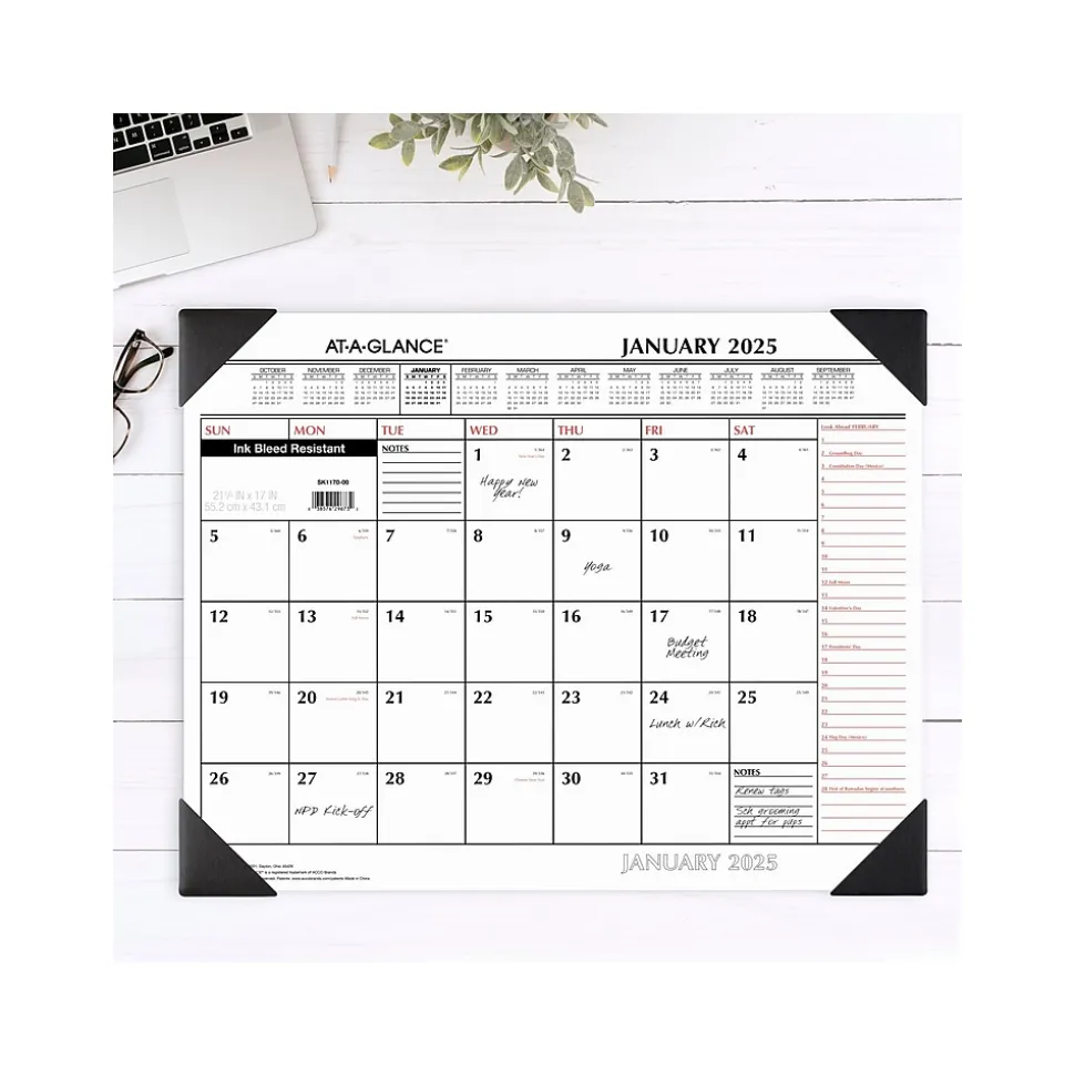 2025 AT-A-GLANCE 21.75" x 17" Monthly Desk Pad Calendar, White/Black (SK1170-00-25)
