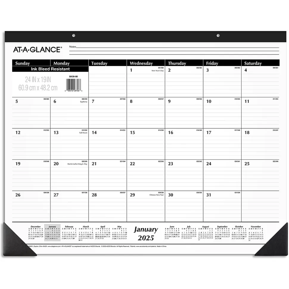 2025 AT-A-GLANCE 24" x 19" Monthly Desk Pad Calendar, White/Black (SK30-00-25)