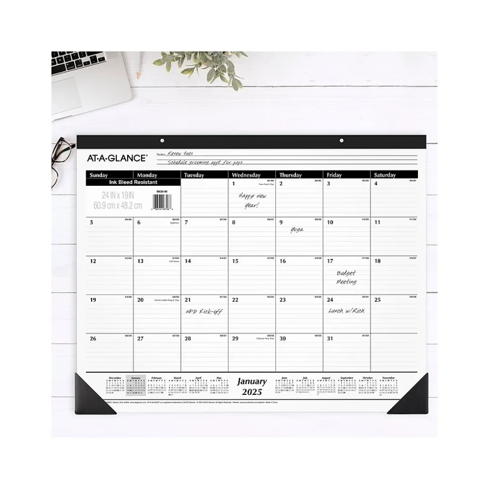 2025 AT-A-GLANCE 24" x 19" Monthly Desk Pad Calendar, White/Black (SK30-00-25)
