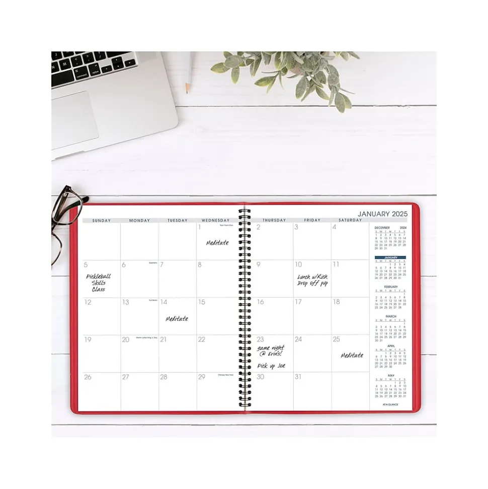2025 AT-A-GLANCE 9" x 11" Monthly Planner, Faux Leather Cover, Red (70-250-13-25)