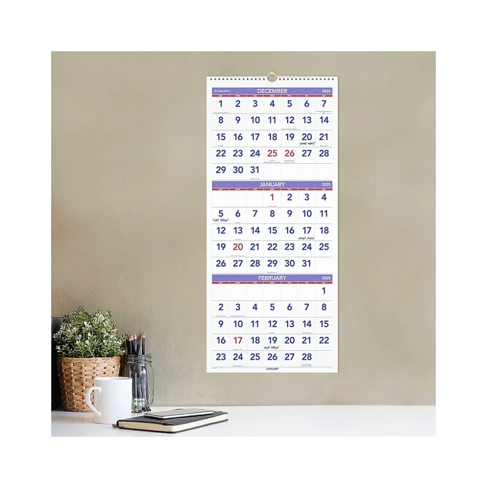 2025 AT-A-GLANCE 12" x 27" Three-Month Wall Calendar, White/Purple (PM11-28-25)