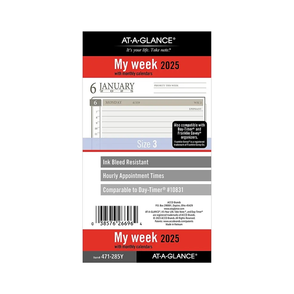 2025 AT-A-GLANCE 3.75" x 6.75" Weekly & Monthly Planner Refill, White/Brown (471-285Y-25)