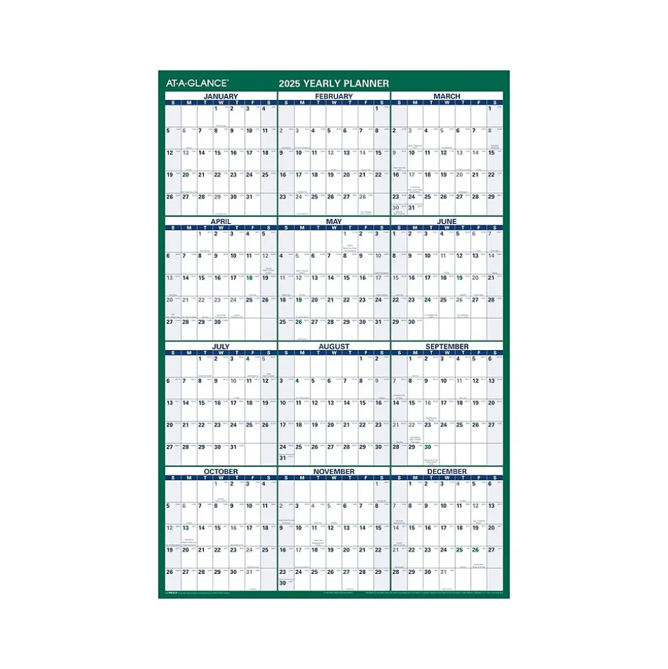 2025 AT-A-GLANCE 32" x 48" Yearly Dry Erase Wall Calendar, Reversible, White/Green (PM310-28-25)