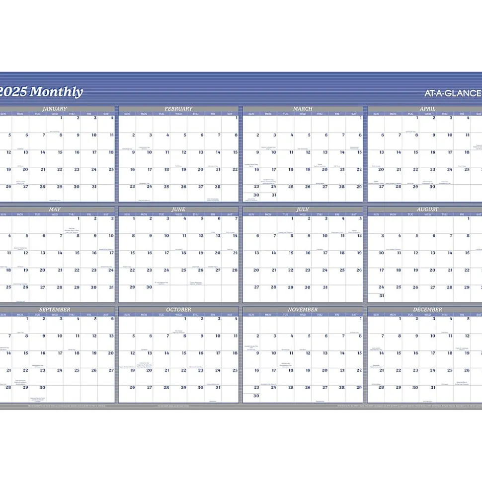 2025 AT-A-GLANCE 48" x 32" Yearly Dry Erase Wall Calendar, Reversible, White/Blue (A1152-25)