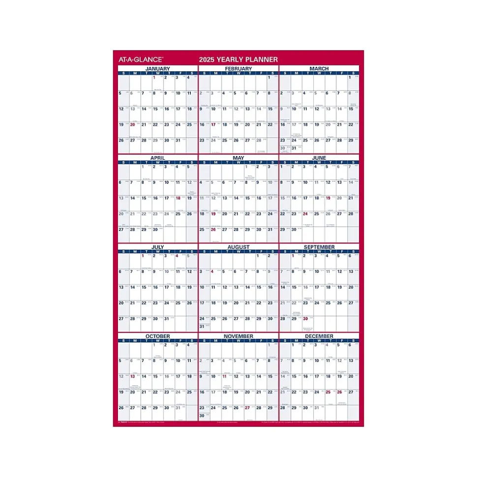 2025 AT-A-GLANCE 48" x 32" Yearly Dry Erase Wall Calendar, Reversible, White/Red (PM326-28-25)
