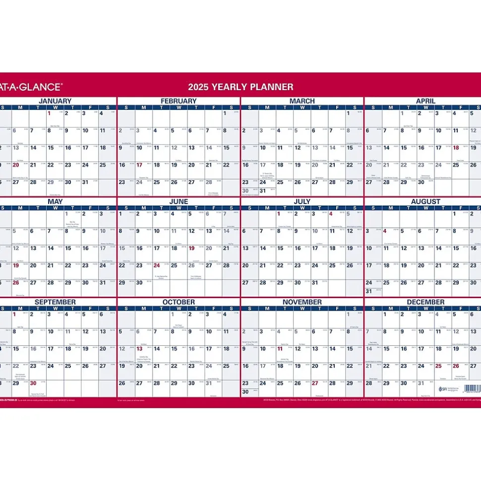 2025 AT-A-GLANCE 36" x 24" Yearly Dry Erase Wall Calendar, Reversible, White/Red (PM26-28-25)