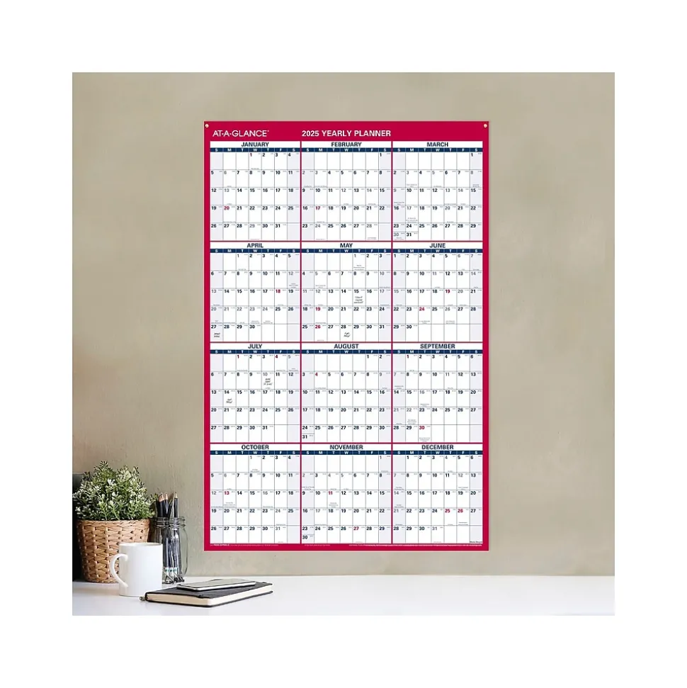 2025 AT-A-GLANCE 36" x 24" Yearly Dry Erase Wall Calendar, Reversible, White/Red (PM26-28-25)