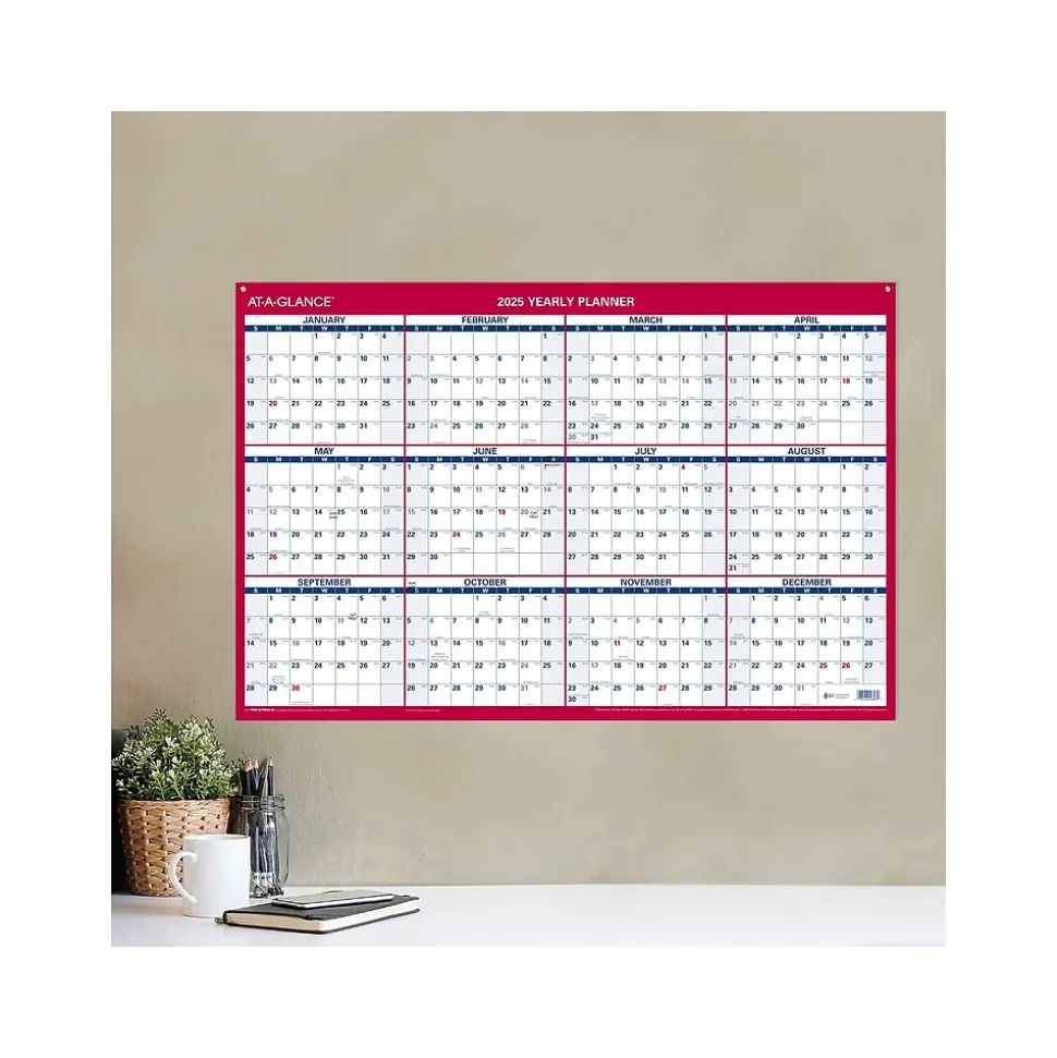 2025 AT-A-GLANCE 36" x 24" Yearly Dry Erase Wall Calendar, Reversible, White/Red (PM26-28-25)