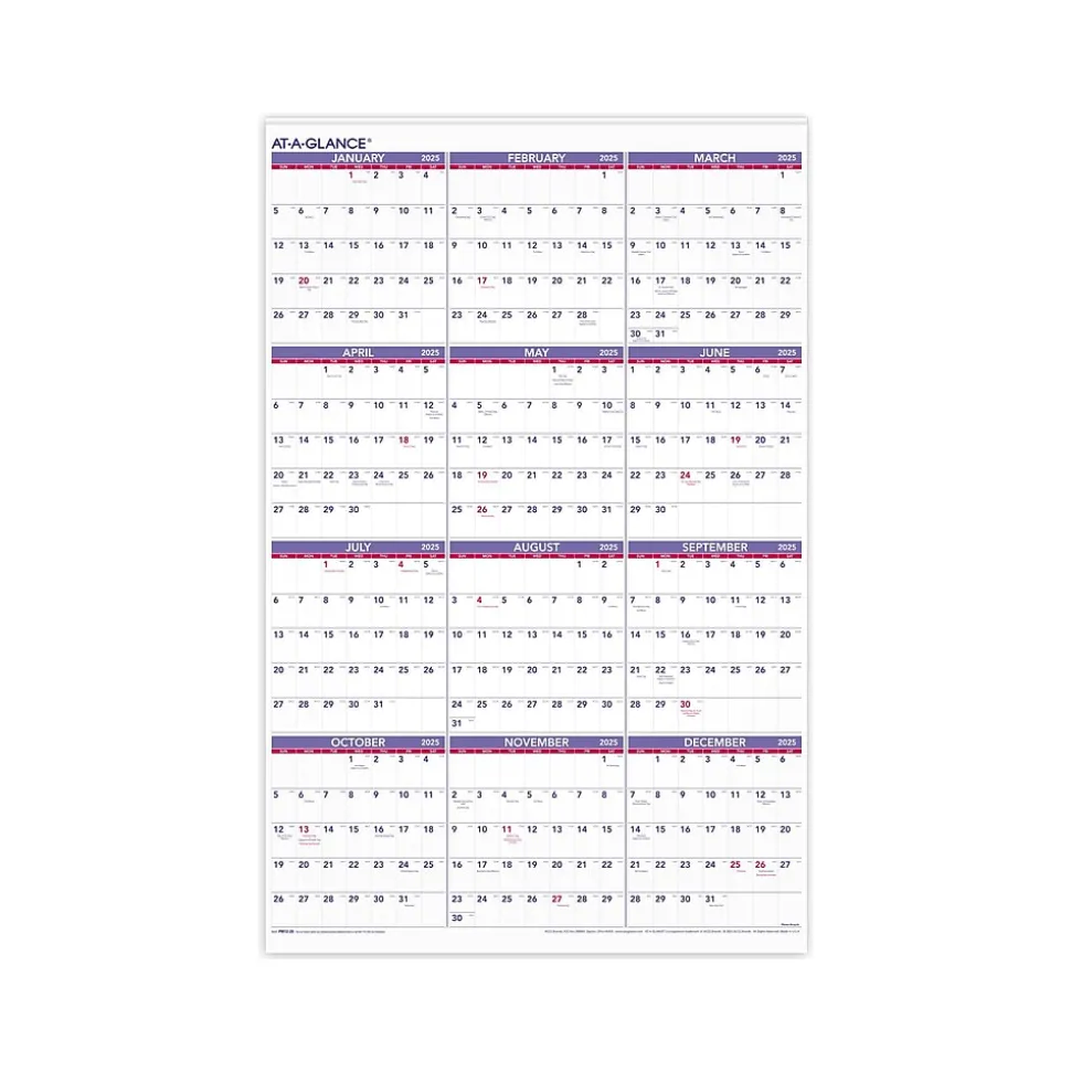 2025 AT-A-GLANCE 24" x 36" Yearly Wall Calendar, White/Purple (PM12-28-25)