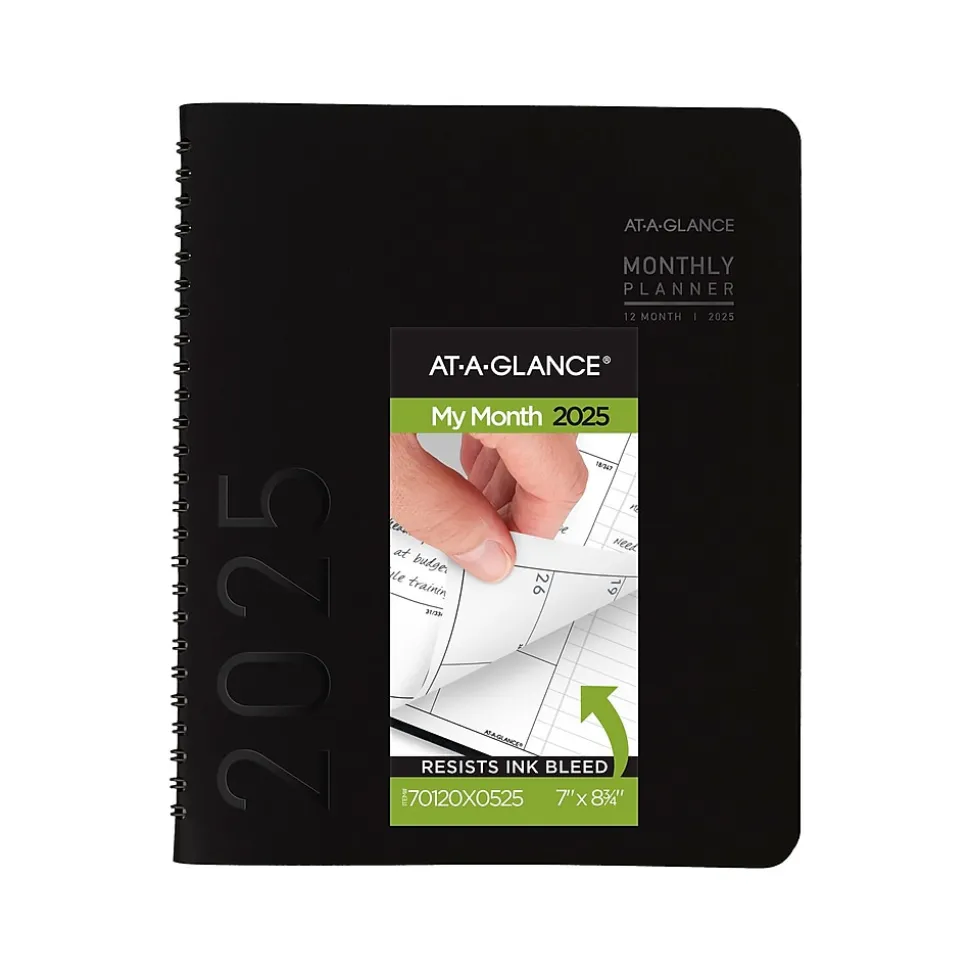 2025 AT-A-GLANCE Contemporary 7" x 8.75" Monthly Planner, Faux Leather Cover, Black (70-120X-05-25)
