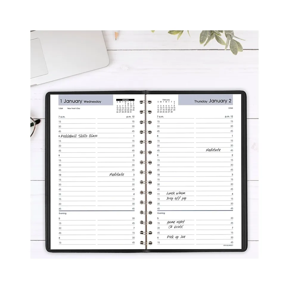 2025 AT-A-GLANCE DayMinder 5" x 8" Daily Appointment Book, Faux Leather Cover, Black (G100-00-25)