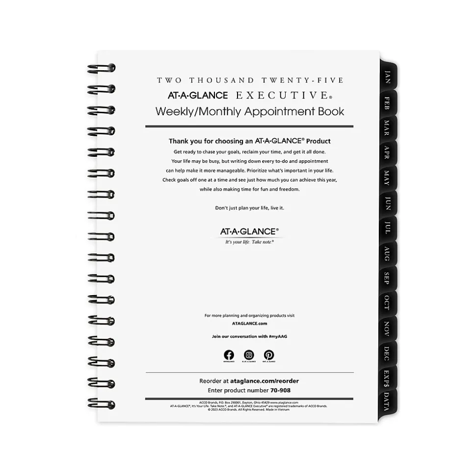 2025 AT-A-GLANCE Executive 8.75" x 6.5" Weekly & Monthly Appointment Book Refill, White/Black (70-908-10-25)
