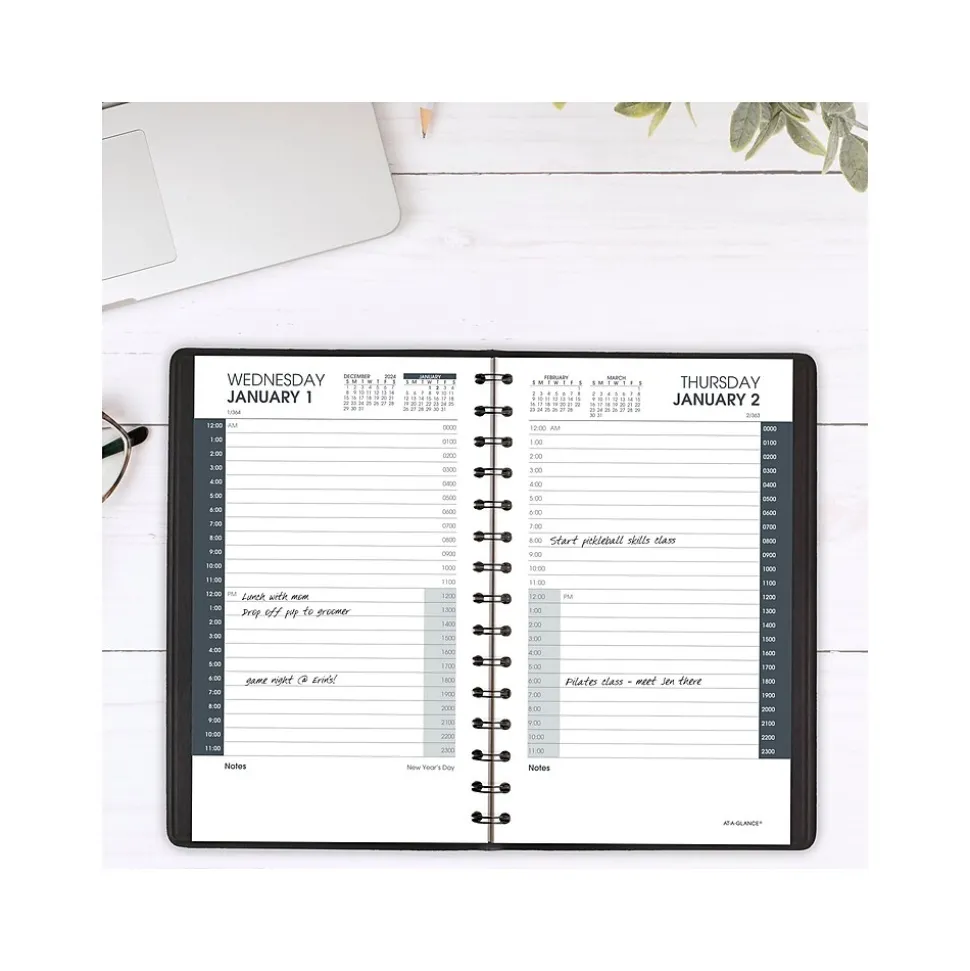 2025 AT-A-GLANCE 24-Hour 5" x 8" Daily Appointment Book Planner, Faux Leather Cover, Black (70-203-05-25)