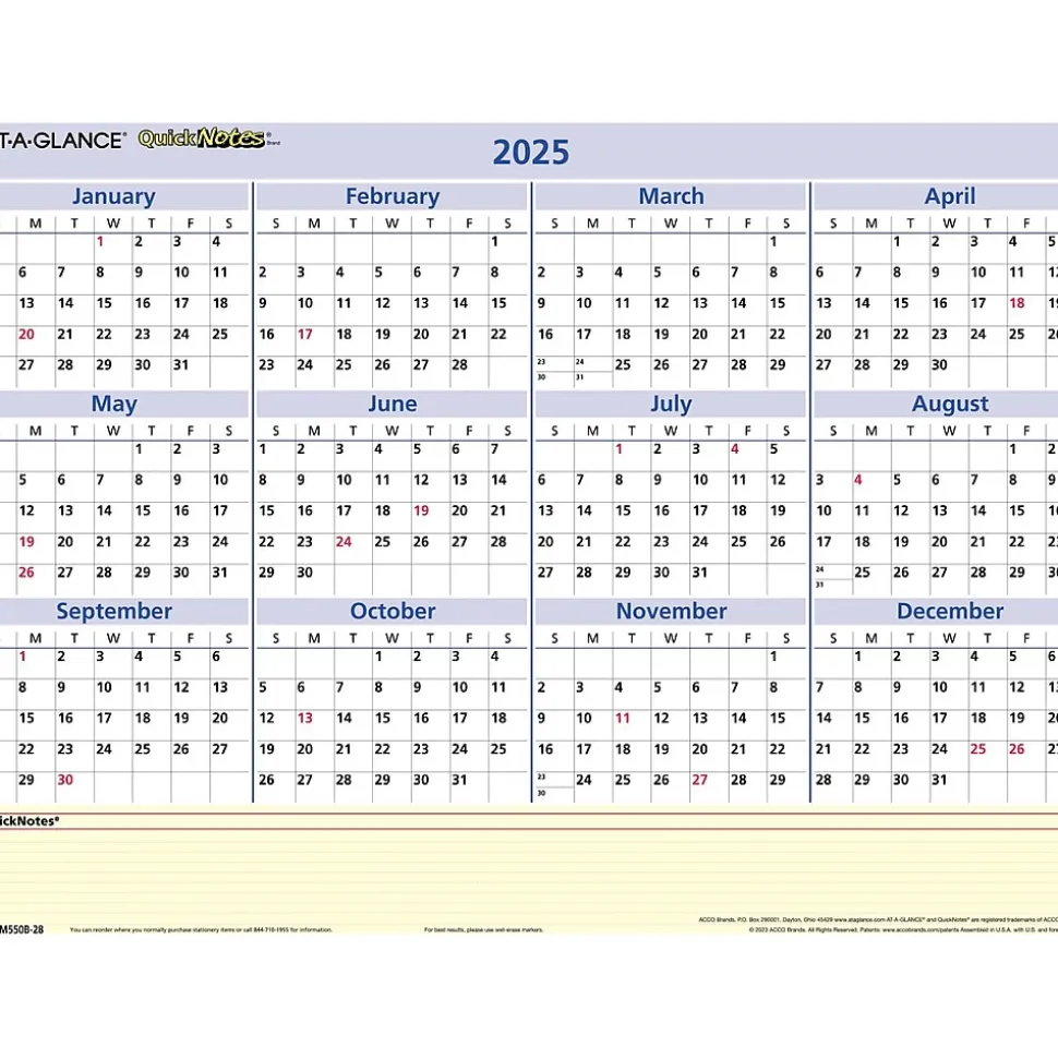 2025 AT-A-GLANCE QuickNotes 16" x 12" Yearly/Monthly Wet-Erase Wall Calendar, Reversible (PM550B-28-25)
