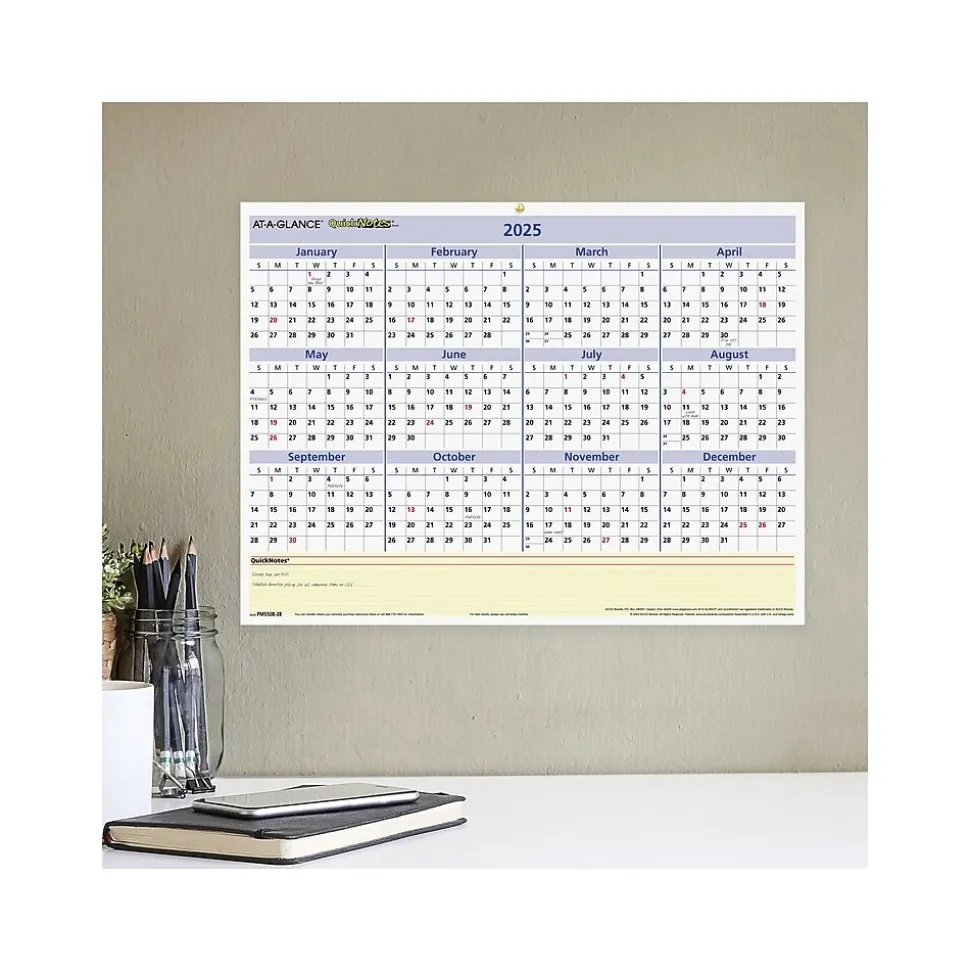 2025 AT-A-GLANCE QuickNotes 16" x 12" Yearly/Monthly Wet-Erase Wall Calendar, Reversible (PM550B-28-25)