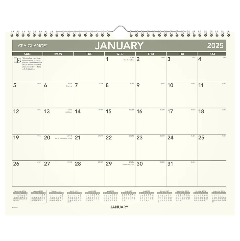 2025 AT-A-GLANCE Recycled 15" x 12" Monthly Wall Calendar, Green/Black (PMG77-28-25)