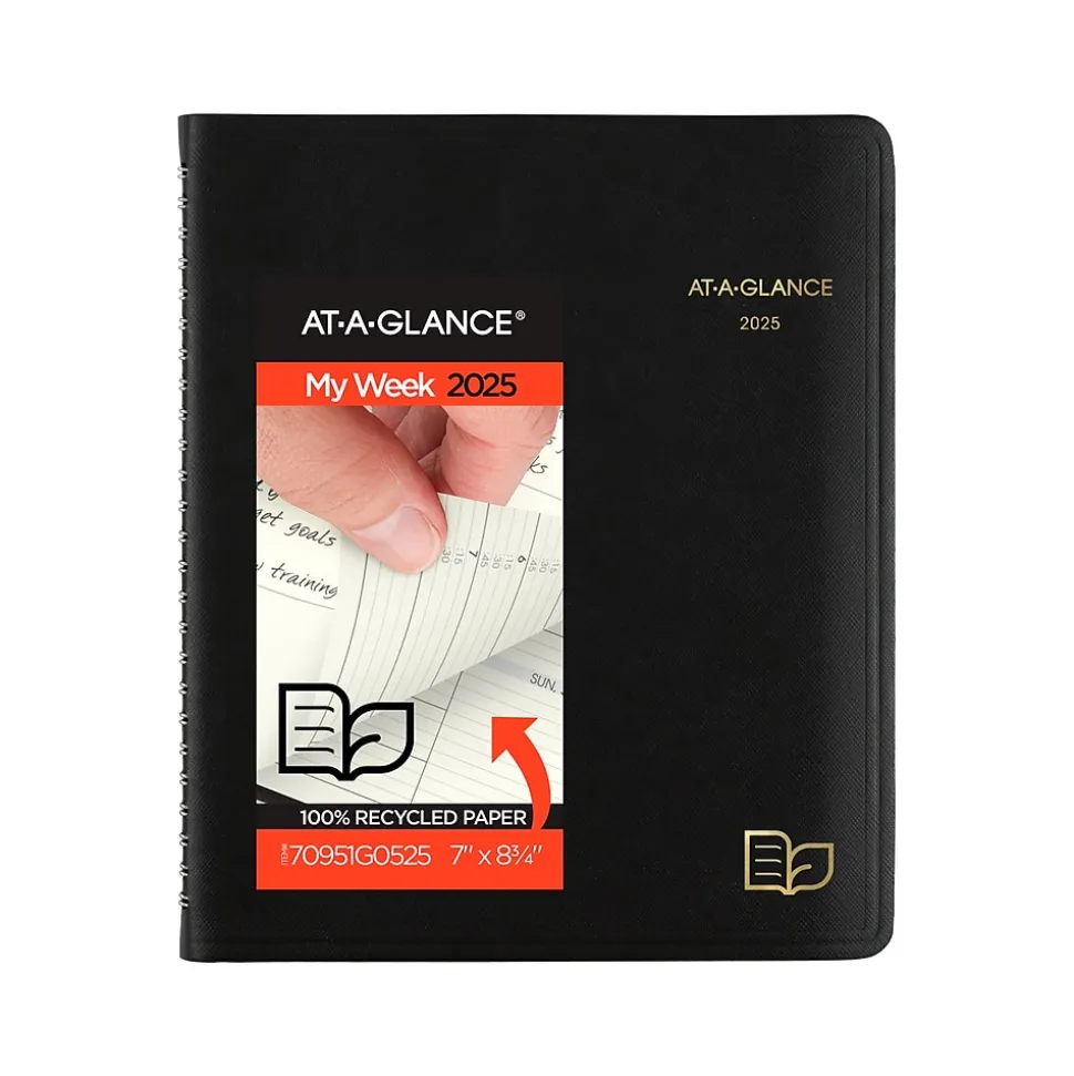 2025 AT-A-GLANCE Recycled 7" x 8.75" Weekly & Monthly Appointment Book, Faux Leather Cover, Black (70-951G-05-25)