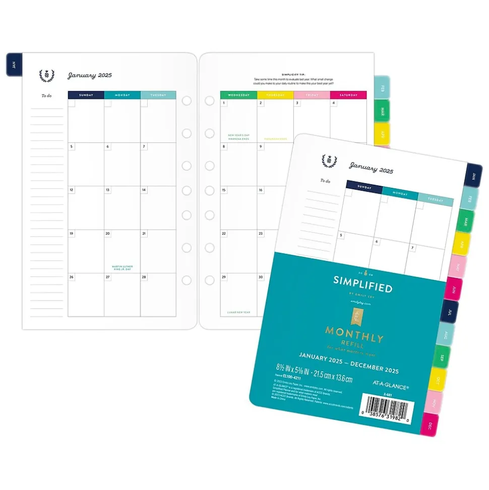 2025 AT-A-GLANCE Simplified by Emily Ley 8.5" x 5.5" Monthly Planner Refill, Multicolor (EL100-4211-25)