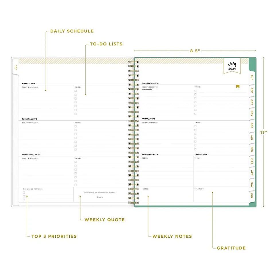 2024-2025 Blue Sky Day Designer Palms 8.5" x 11" Academic Weekly & Monthly Planner, Plastic Cover, White/Green (137891-A25)