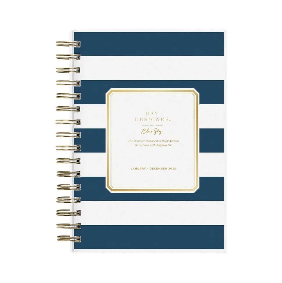 2025 Blue Sky Day Designer Rugby Stripe 5" x 8" Daily & Monthly Planner, Plastic Cover, Navy/White (103623-25)