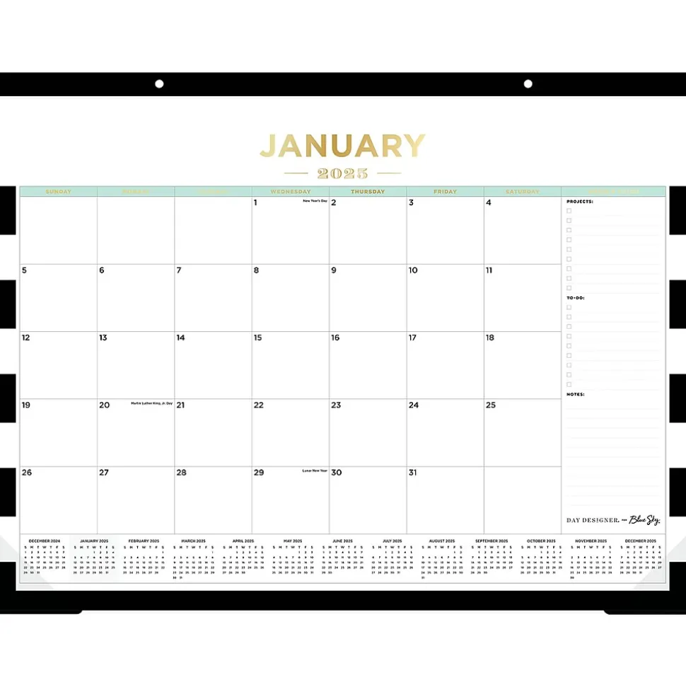 2025 Blue Sky Rugby Stripe 22" x 17" Monthly Desk Pad Calendar, Black/White (143895-25)