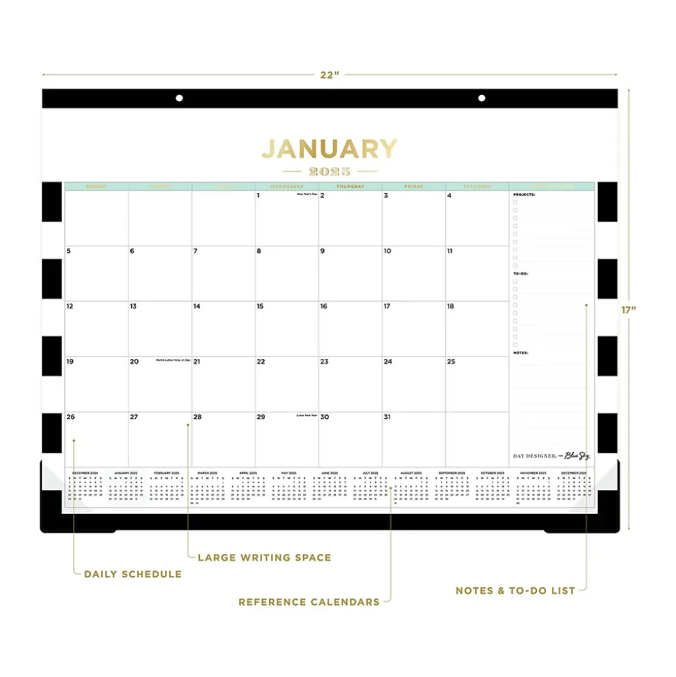 2025 Blue Sky Rugby Stripe 22" x 17" Monthly Desk Pad Calendar, Black/White (143895-25)