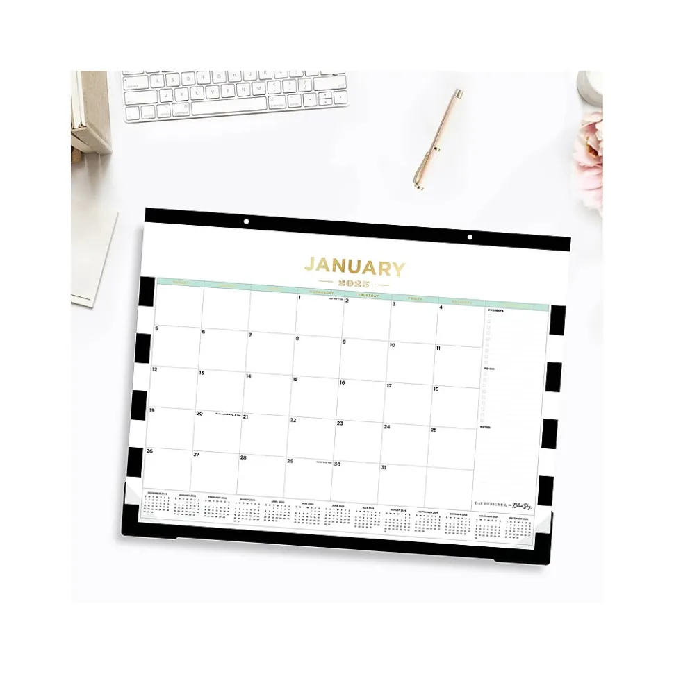 2025 Blue Sky Rugby Stripe 22" x 17" Monthly Desk Pad Calendar, Black/White (143895-25)