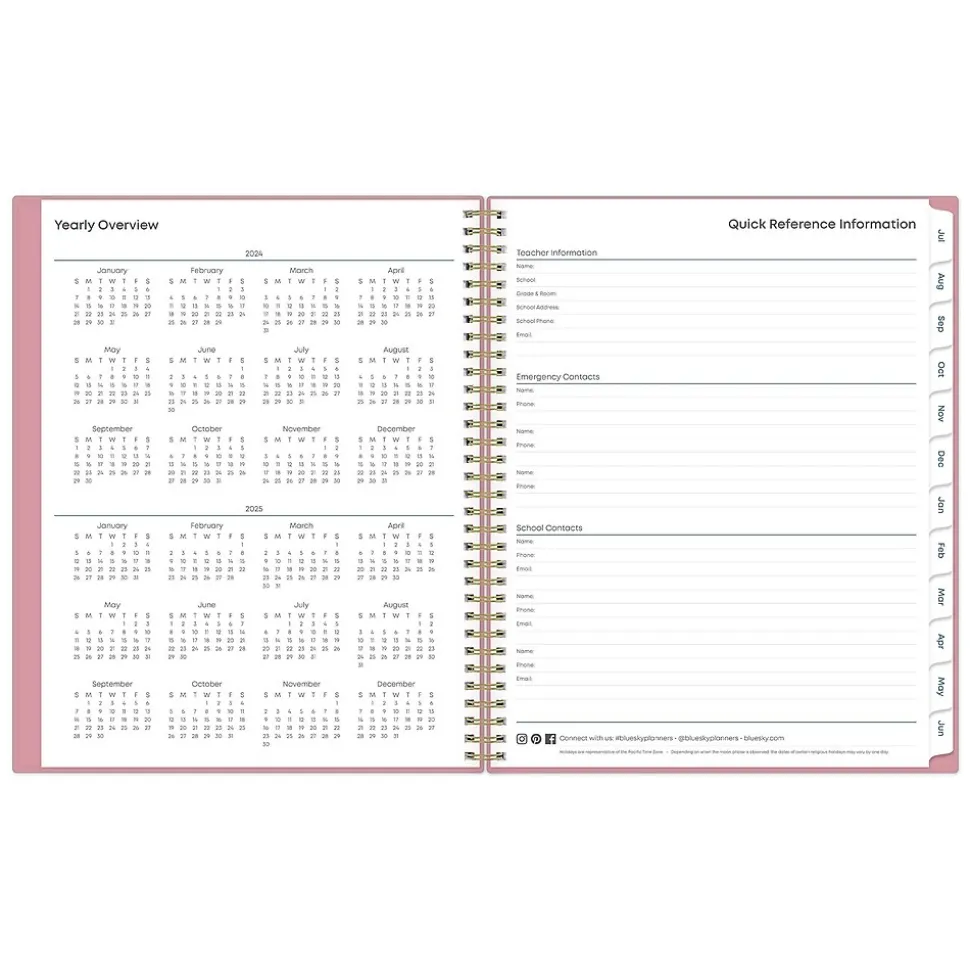 2024-2025 Blue Sky Teacher Lesson 8.5" x 11" Academic Weekly & Monthly Planner, Plastic Cover, Pink (145032)