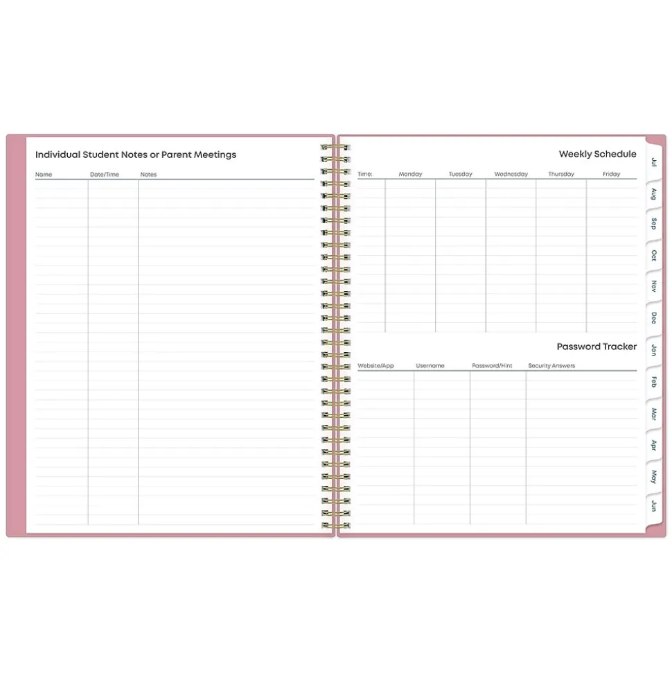 2024-2025 Blue Sky Teacher Lesson 8.5" x 11" Academic Weekly & Monthly Planner, Plastic Cover, Pink (145032)