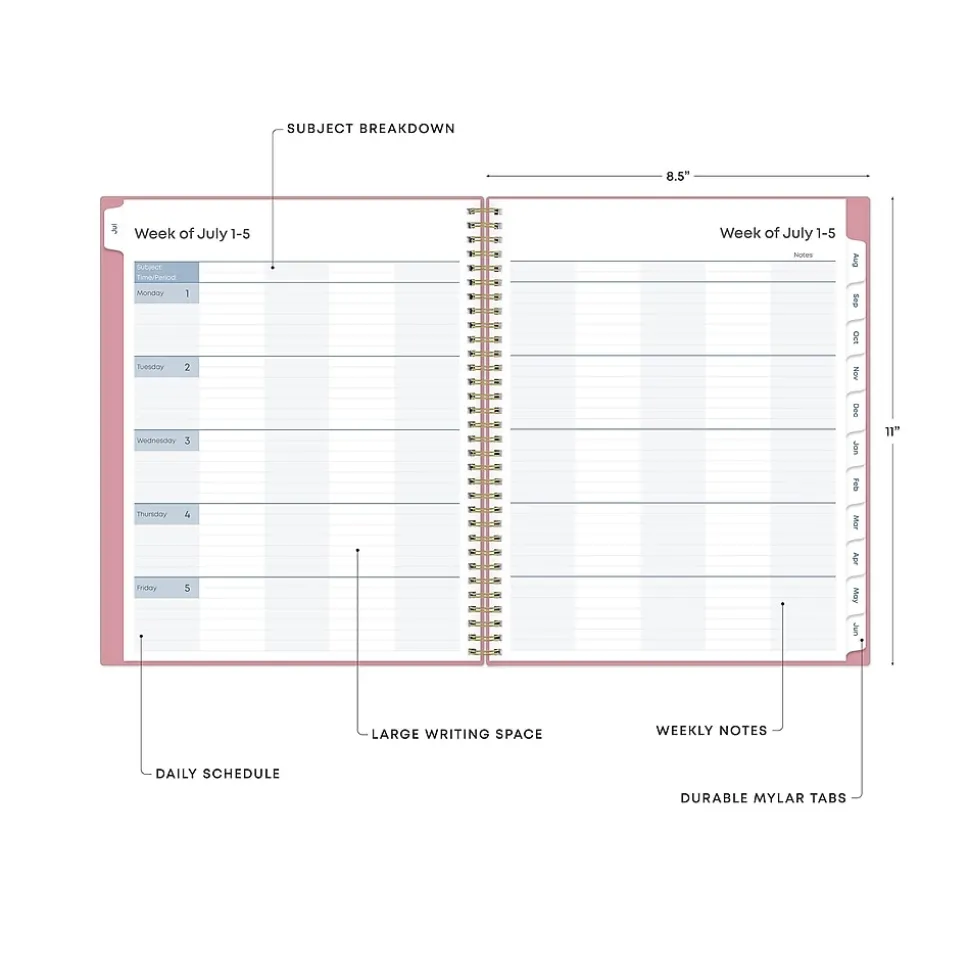 2024-2025 Blue Sky Teacher Lesson 8.5" x 11" Academic Weekly & Monthly Planner, Plastic Cover, Pink (145032)