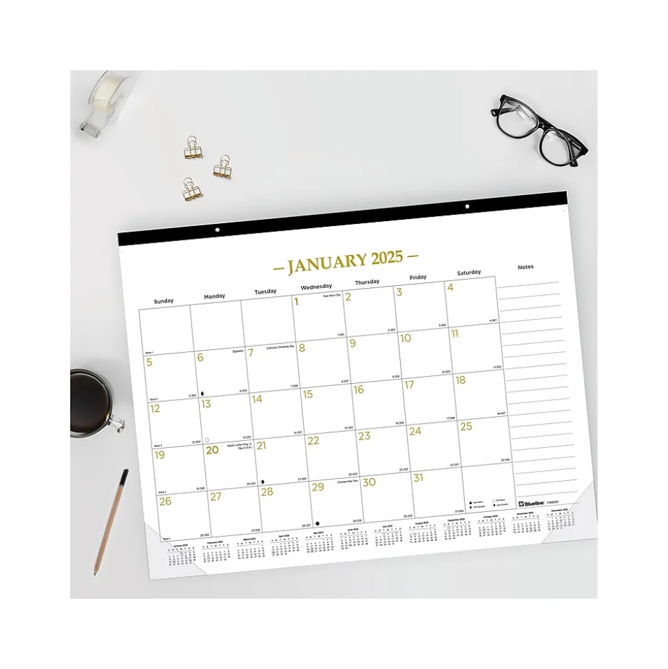 2025 Blueline Colorful 22" x 17" Monthly Desk Pad Calendar, White/Gold (100024-25)