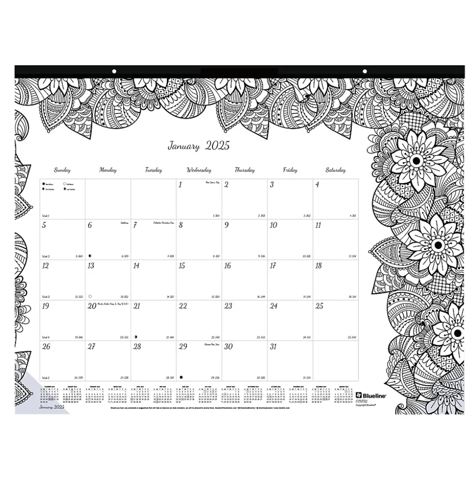 2025 Blueline DoodlePlan Botanica 22" x 17" Monthly Coloring Desk Pad Calendar, White/Black (C2917311)