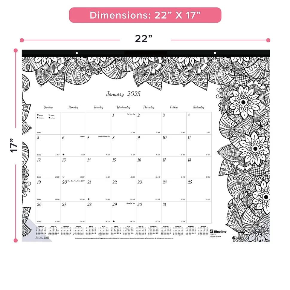 2025 Blueline DoodlePlan Botanica 22" x 17" Monthly Coloring Desk Pad Calendar, White/Black (C2917311)