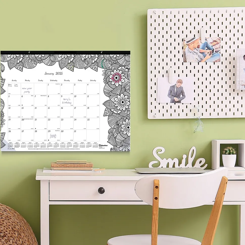 2025 Blueline DoodlePlan Botanica 22" x 17" Monthly Coloring Desk Pad Calendar, White/Black (C2917311)