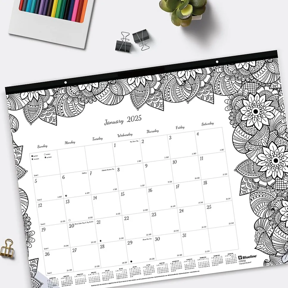 2025 Blueline DoodlePlan Botanica 22" x 17" Monthly Coloring Desk Pad Calendar, White/Black (C2917311)
