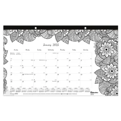 2025 Blueline DoodlePlan Botanica 17.75" x 10.88" Monthly Coloring Desk Pad Calendar, White/Black (C2917001)