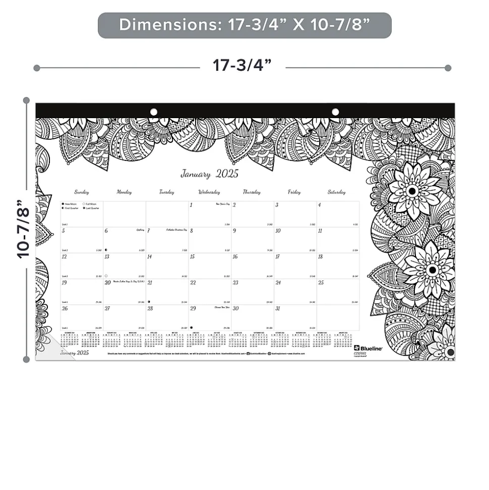 2025 Blueline DoodlePlan Botanica 17.75" x 10.88" Monthly Coloring Desk Pad Calendar, White/Black (C2917001)