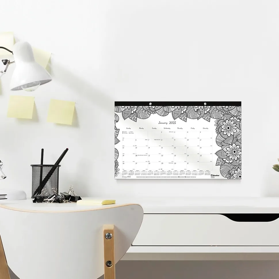 2025 Blueline DoodlePlan Botanica 17.75" x 10.88" Monthly Coloring Desk Pad Calendar, White/Black (C2917001)
