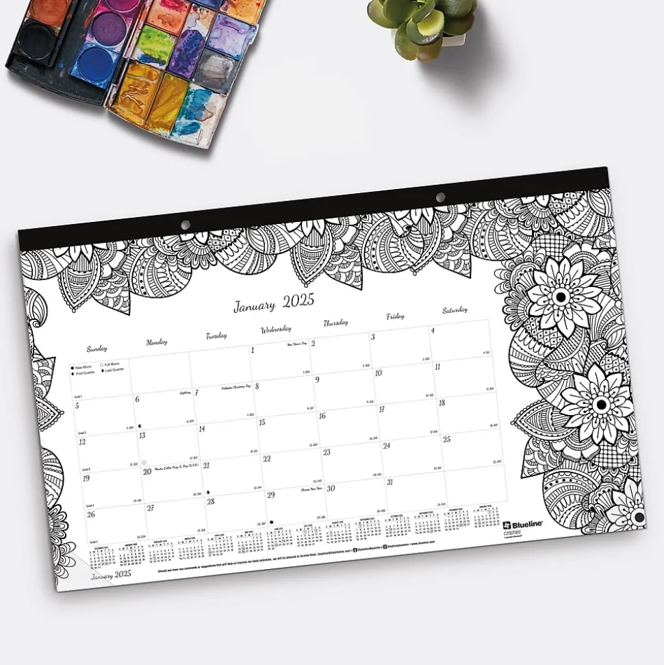 2025 Blueline DoodlePlan Botanica 17.75" x 10.88" Monthly Coloring Desk Pad Calendar, White/Black (C2917001)