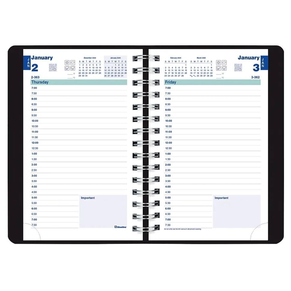 2025 Blueline Plan & Link 5" x 8" Daily Appointment Book, Faux Leather Cover, Black (C1504W.81)