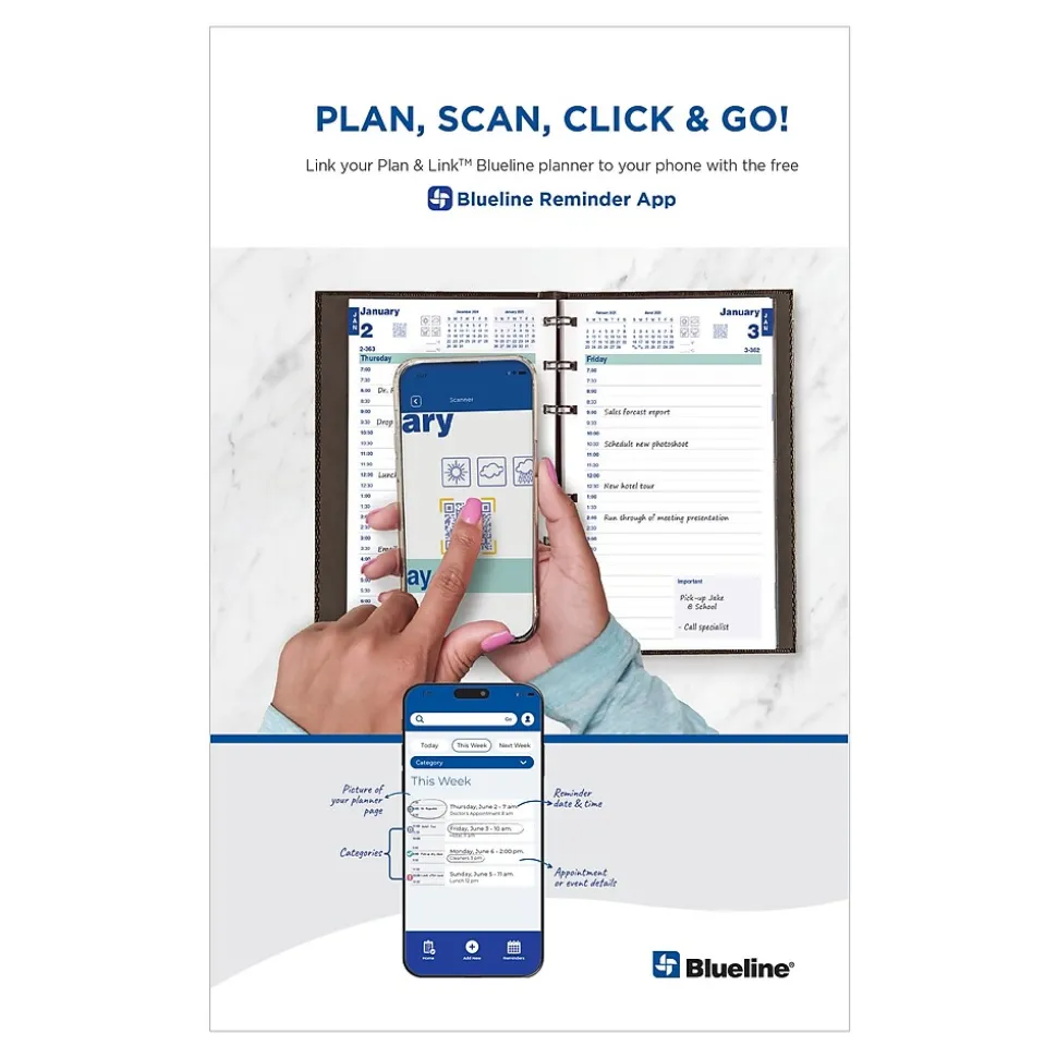 2025 Blueline Plan & Link 5" x 8" Daily Appointment Book, Faux Leather Cover, Black (C1504W.81)