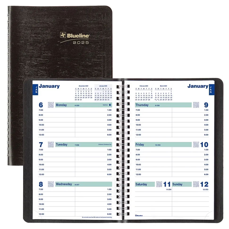 2025 Blueline Plan & Link 5" x 8" Weekly Appointment Book, Faux Leather Cover, Black (C5075.81T)
