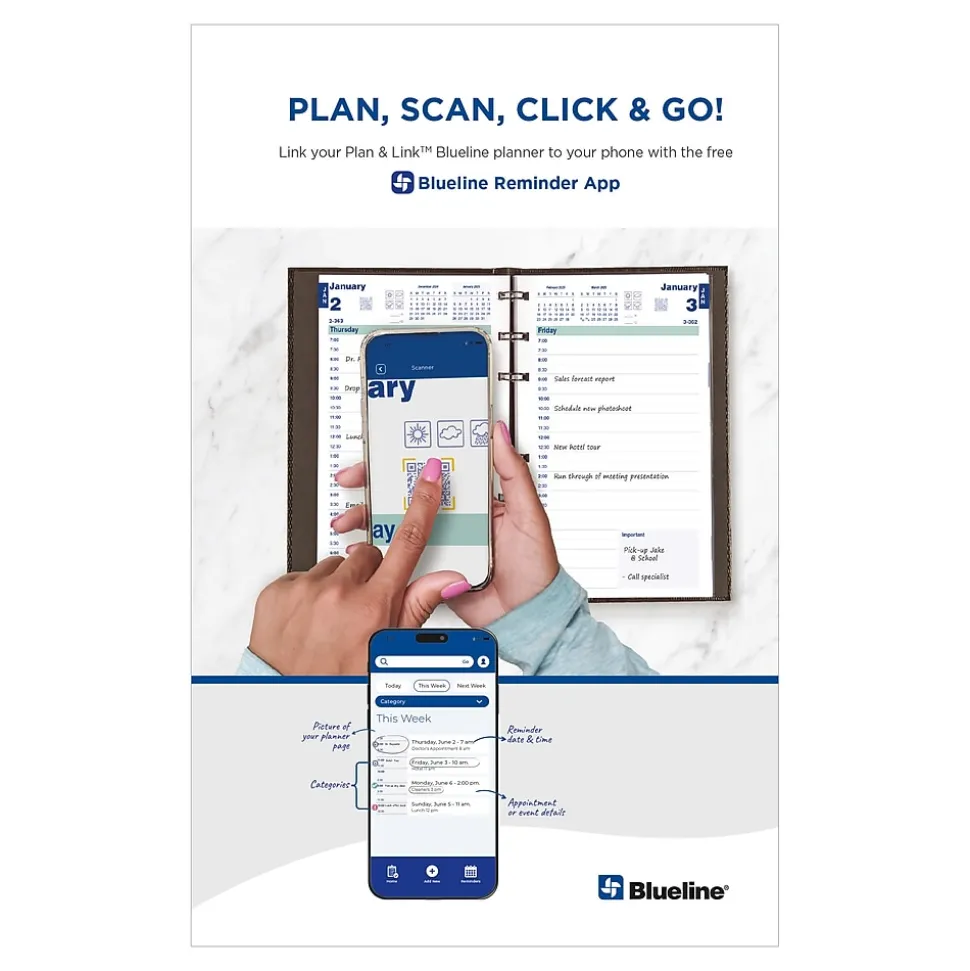 2025 Blueline Plan & Link 5" x 8" Weekly Appointment Book, Faux Leather Cover, Black (C5075.81T)