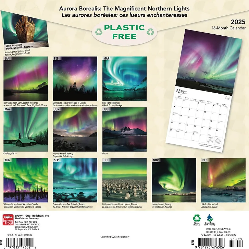 2025 BrownTrout Aurora Borealis Les aurores boréales 12" x 12" Monthly Wall Calendar (9781975476526)