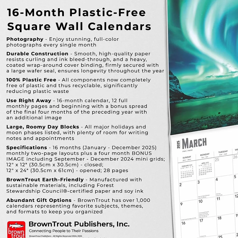 2025 BrownTrout Aurora Borealis Les aurores boréales 12" x 12" Monthly Wall Calendar (9781975476526)