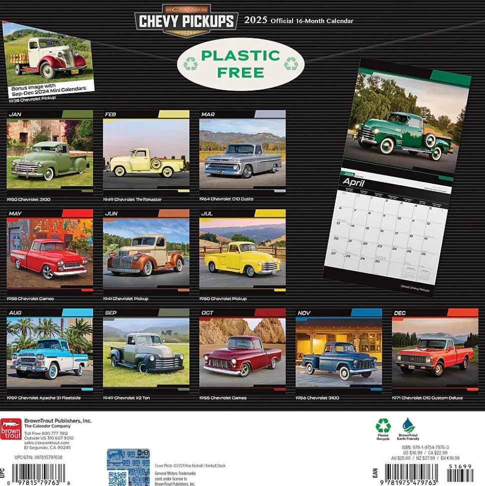 2025 BrownTrout Classic Chevy Pickups 12" x 24" Monthly Square Wall Calendar, (9781975479763)