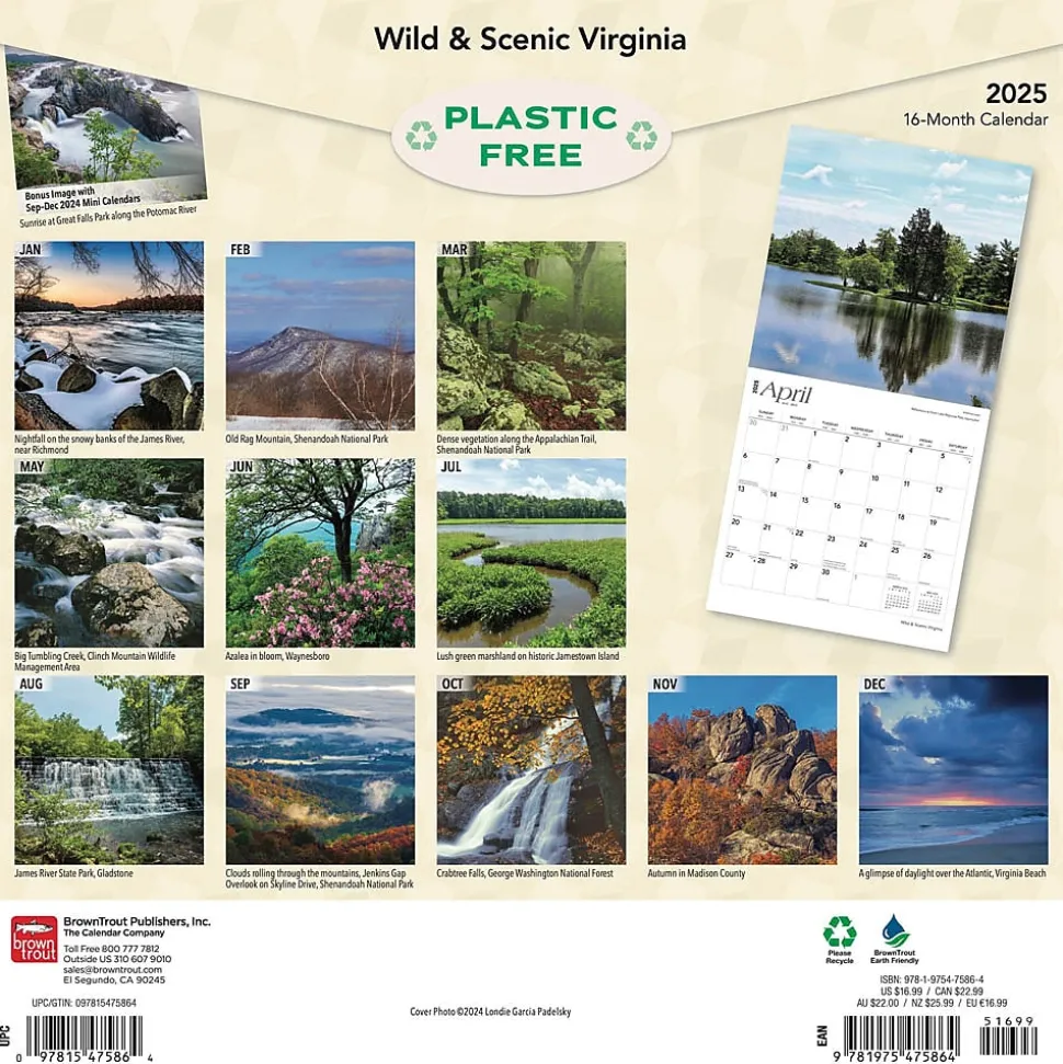 2025 BrownTrout Virginia Wild & Scenic 12" x 12" Monthly Wall Calendar (9781975475864)